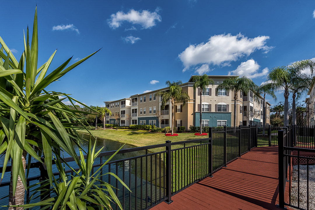 exterior view of apartment buildings from dock