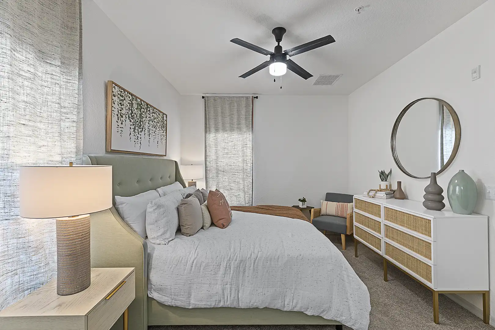 model bedroom with ceiling fan